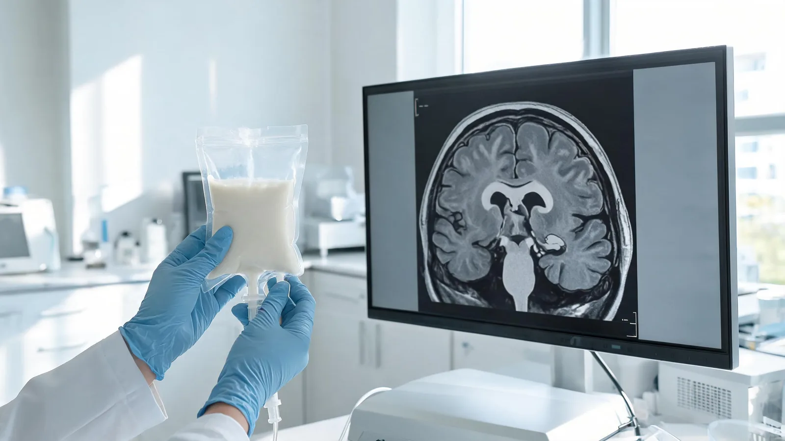 알츠하이머 골수 줄기세포 임상시험 — 연구실에서 줄기세포 정맥 주입액과 해마 MRI 영상을 함께 확인하는 장면