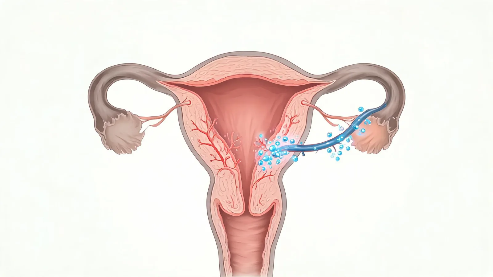 불임 골수 줄기세포 연구 — 골수 유래 간엽계 줄기세포가 자궁동맥을 따라 얇은 자궁내막으로 전달되는 모습을 표현한 자궁 단면 일러스트