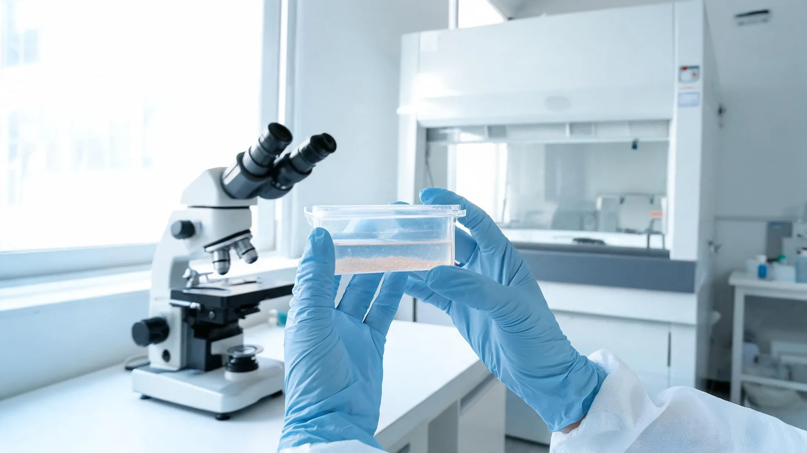 불임 골수 줄기세포 연구 — 간엽계 줄기세포 배양 용기를 현미경 옆에서 살펴보는 연구실 장면