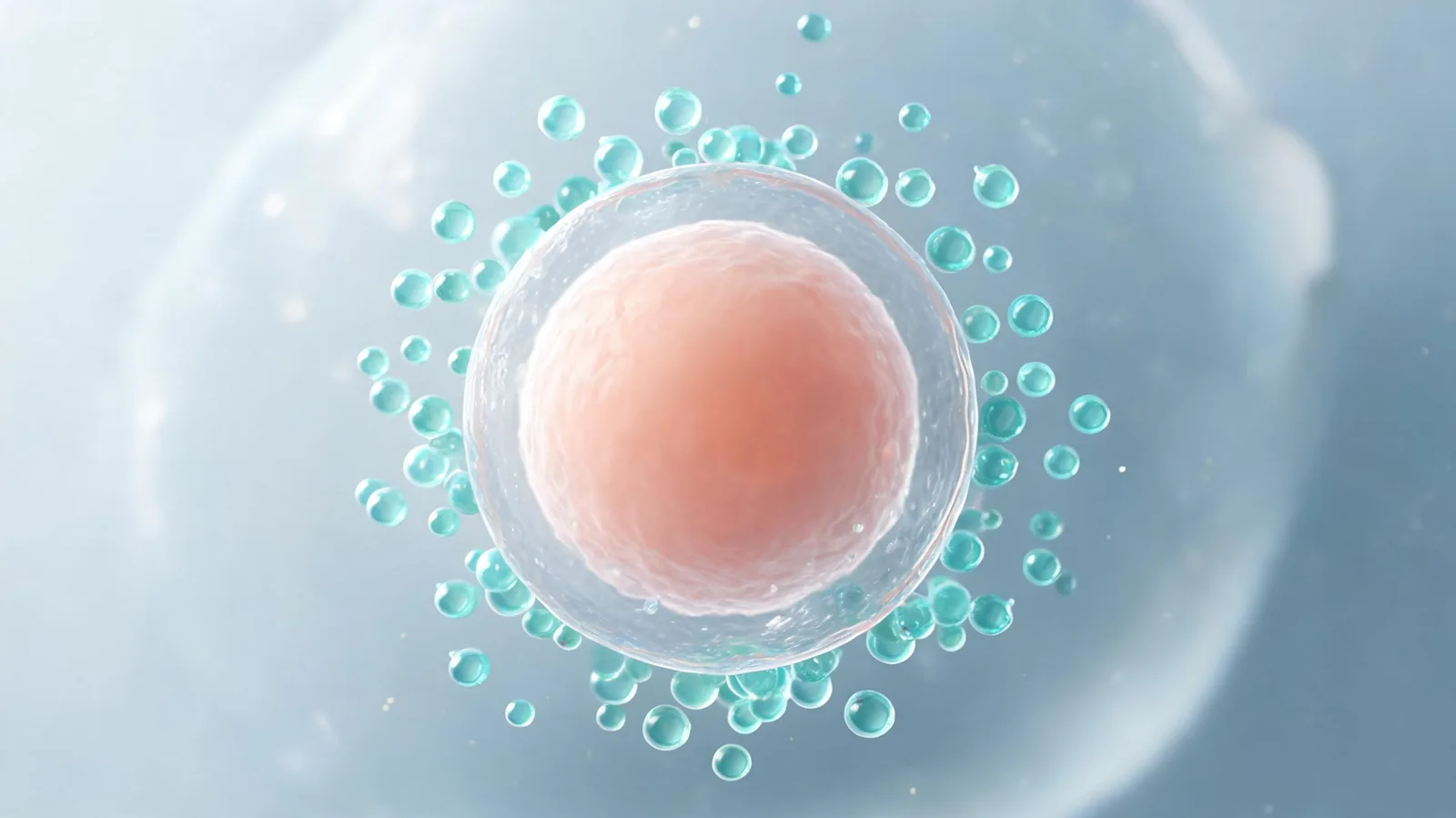 Exosomes for ovarian aging — microscope-view illustration of tiny extracellular vesicles gathering around an immature egg