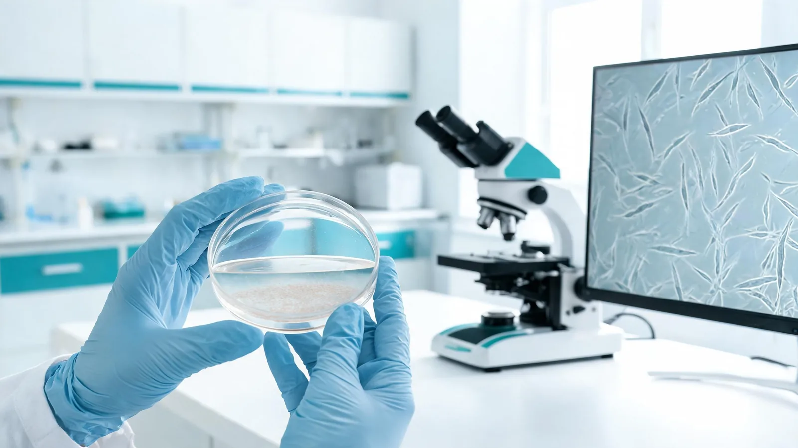 Stem cells for ovarian aging — laboratory scene observing fat-derived mesenchymal stem cells in a culture dish
